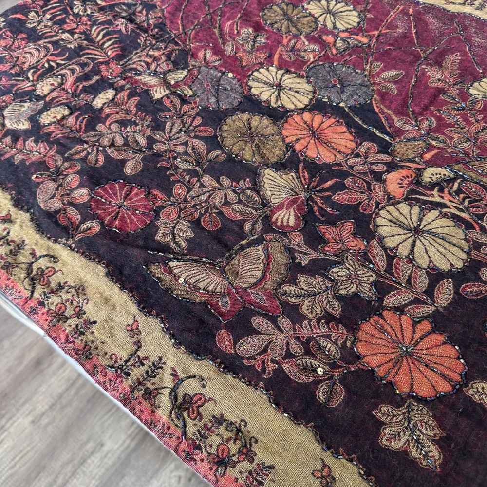 Pashmina Scarf Burgundy‎ Beaded Floral Boho Gypsy Wrap Butterflies - Picture 5 of 12